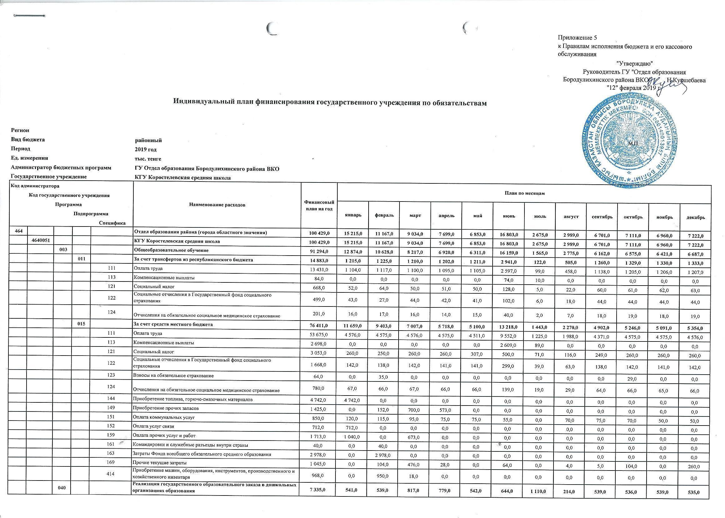 Индивидуальный план финансирования на 2019 год