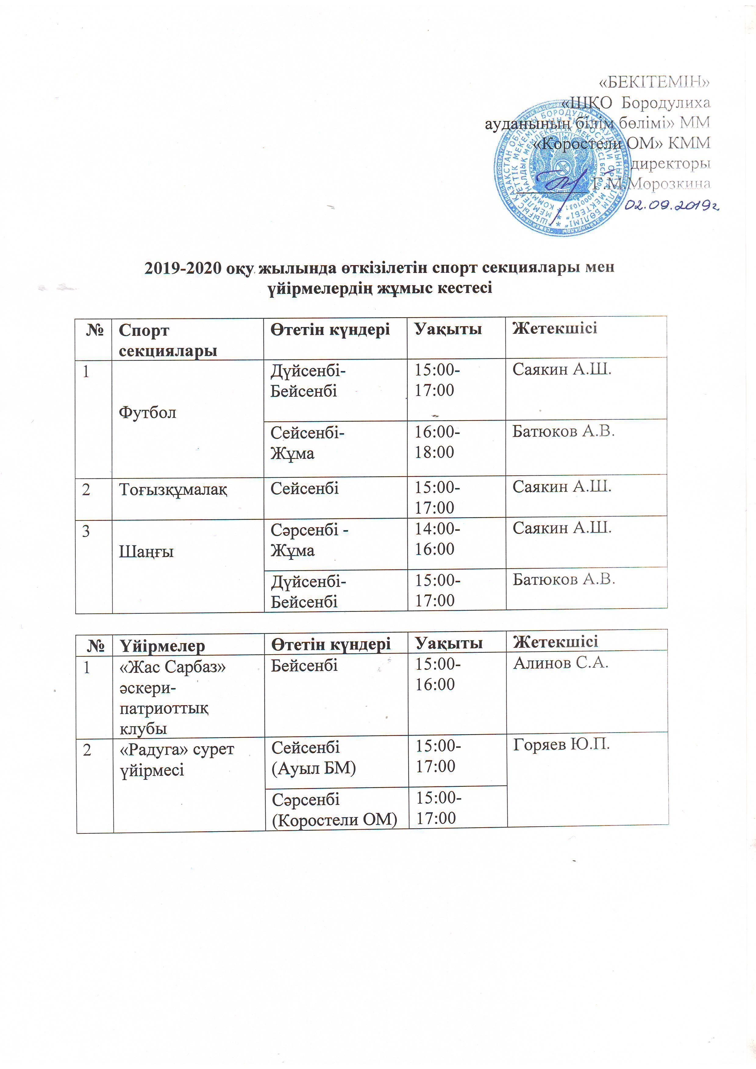 Үйірмелер мен спорт секцияларының жұмыс кестесі / Расписание кружков и спортивных секции