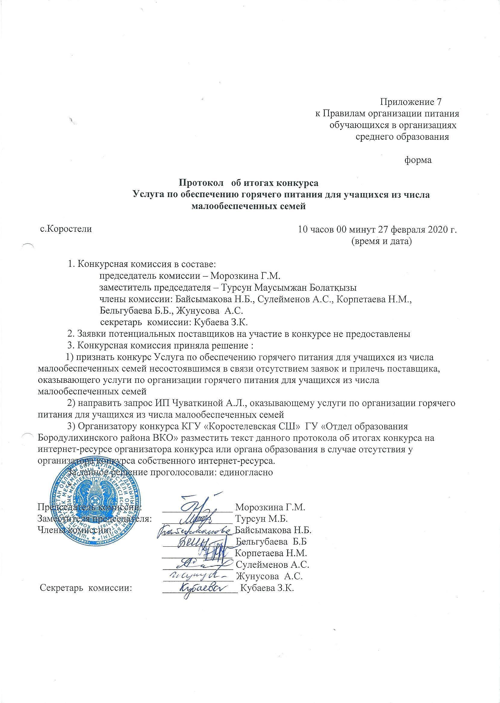 Протокол об итогах конкурса