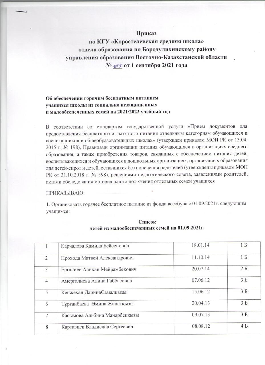 Об обеспечении горячим бесплатным питанием учащихся школы из социально незащищенных и малообеспеченных семей на 2021/22 уч.год