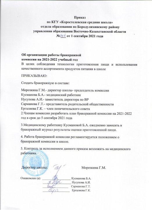 Об организации работы бракеражной комиссии на 2021-2022 учебный год